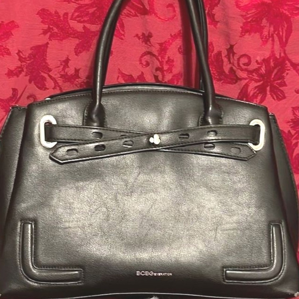 BCBGeneration Black Faux Leather Satchel Handbag Silver Hardware Crossbody Strap